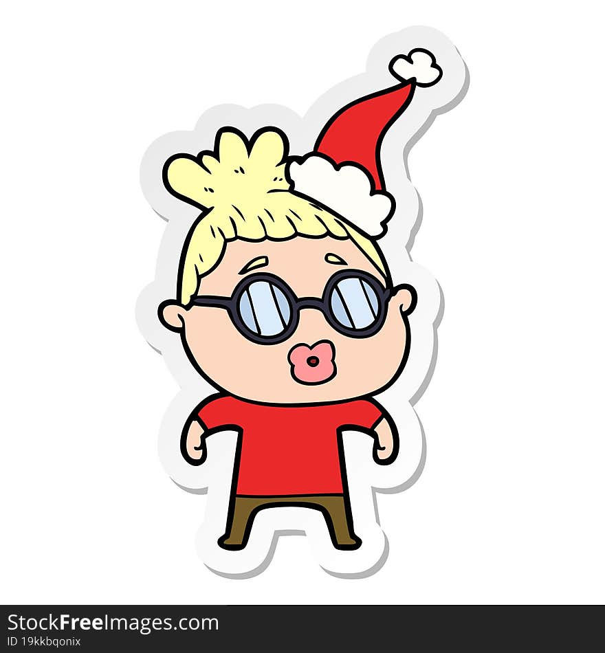 sticker cartoon of a woman wearing spectacles wearing santa hat