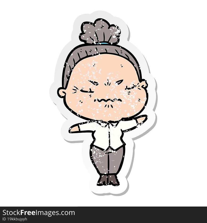 Distressed Sticker Of A Cartoon Annoyed Old Lady