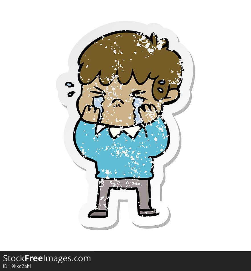 Distressed Sticker Of A Cartoon Boy Crying