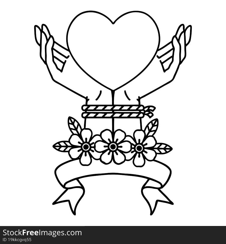 black linework tattoo with banner of tied hands and a heart