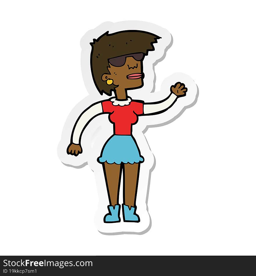 sticker of a cartoon woman in spectacles waving