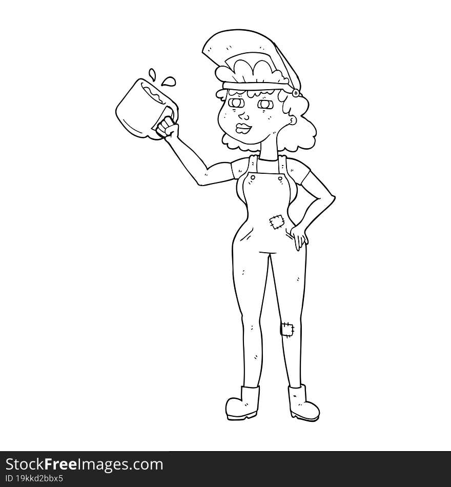 black and white cartoon woman in dungarees