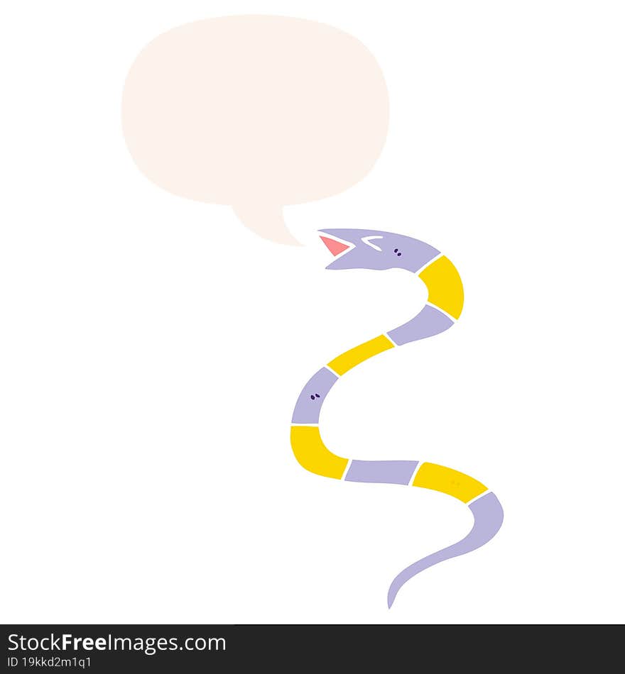 hissing cartoon snake and speech bubble in retro style