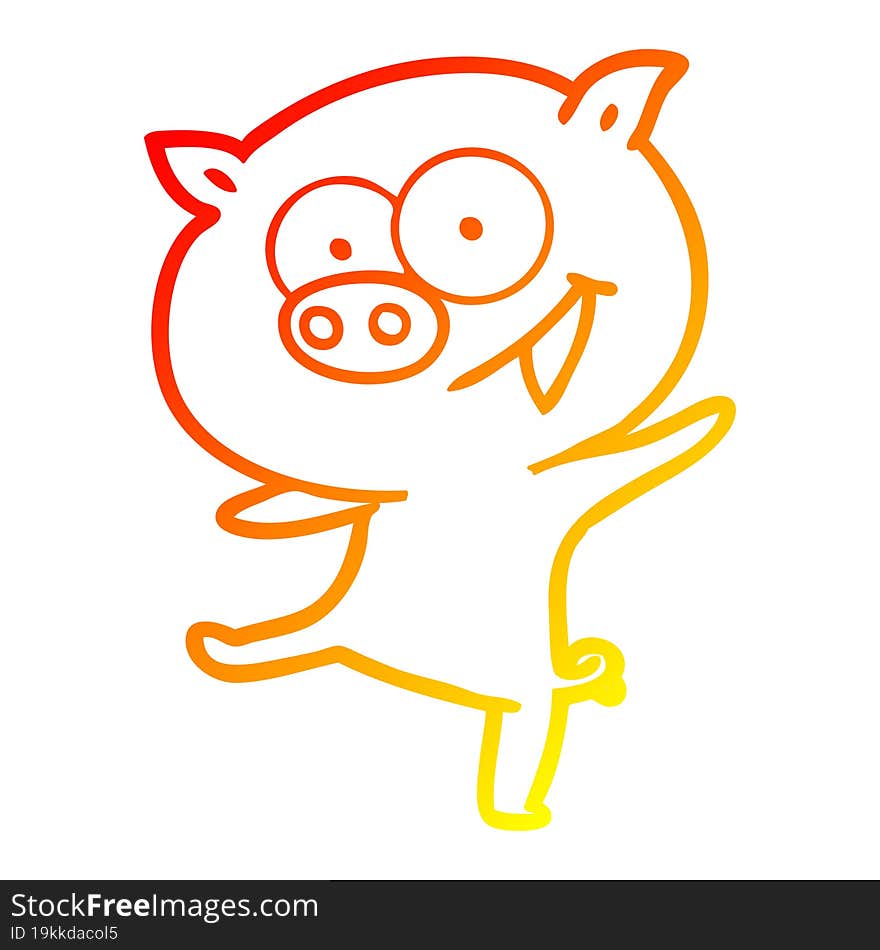 warm gradient line drawing of a cheerful dancing pig cartoon