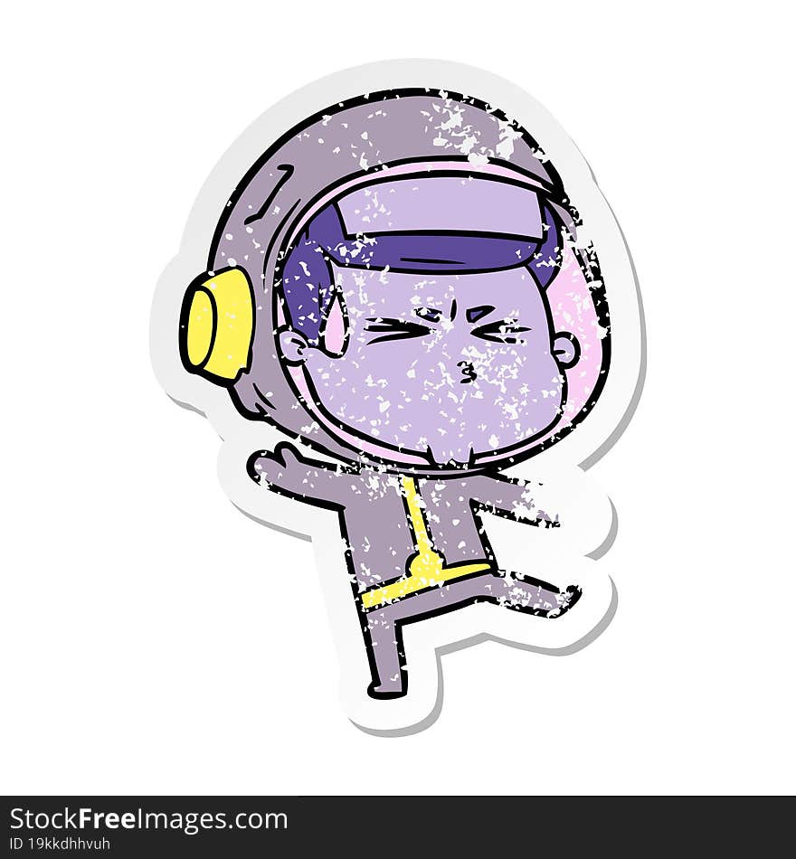 distressed sticker of a cartoon stressed astronaut