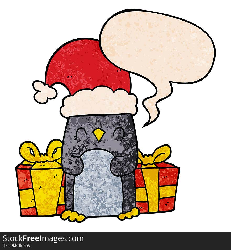 cute christmas penguin and speech bubble in retro texture style