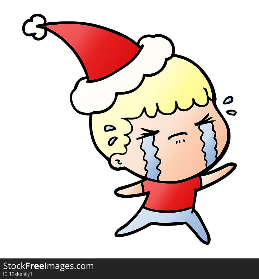 gradient cartoon of a man crying wearing santa hat