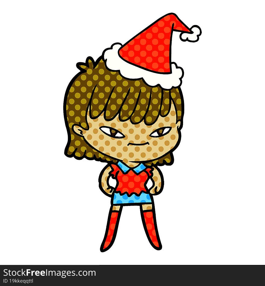 hand drawn comic book style illustration of a woman wearing santa hat