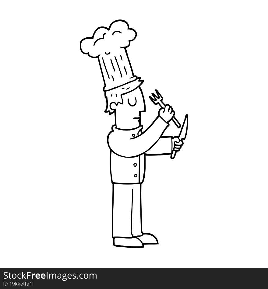 line drawing cartoon chef with knife and fork