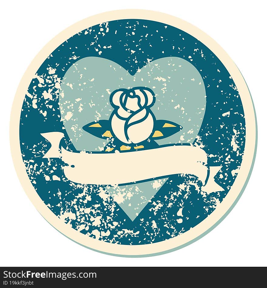 iconic distressed sticker tattoo style image of a heart rose and banner. iconic distressed sticker tattoo style image of a heart rose and banner