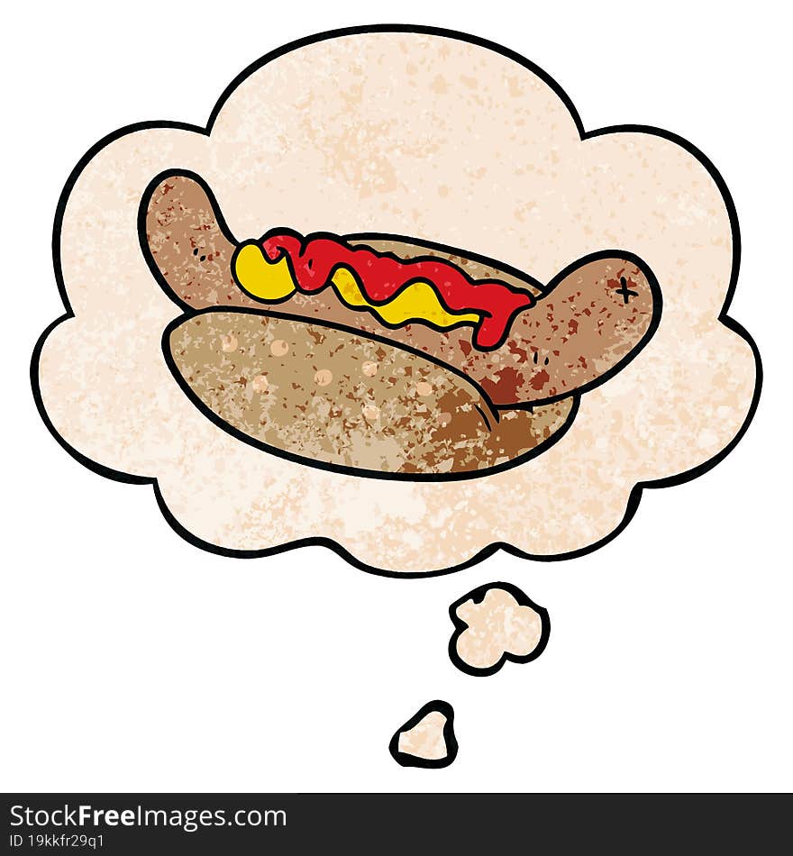 cartoon hot dog and thought bubble in grunge texture pattern style