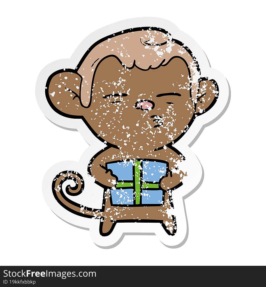 Distressed Sticker Of A Cartoon Suspicious Monkey With Present