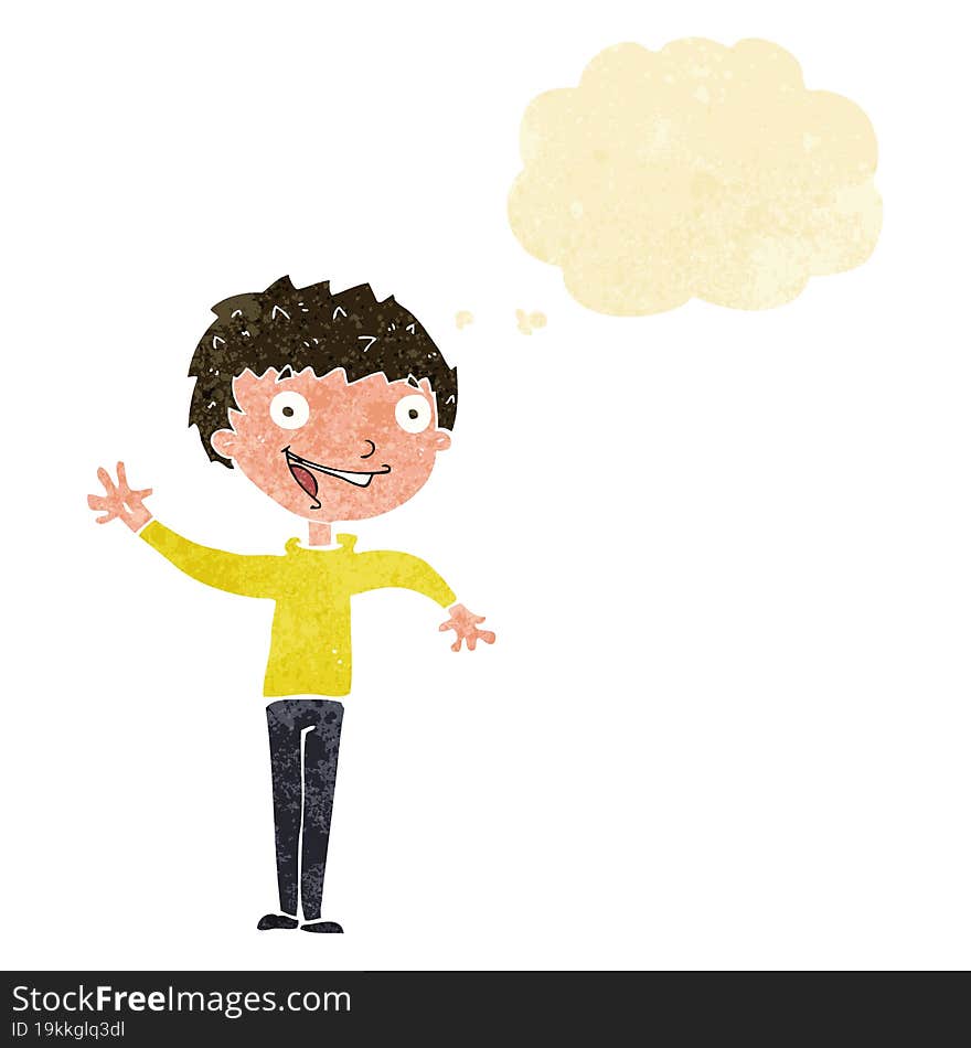 cartoon happy boy waving with thought bubble