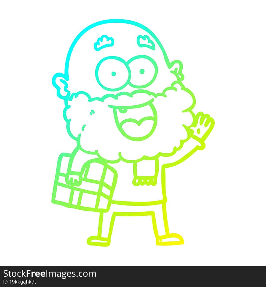 cold gradient line drawing of a cartoon crazy happy man with beard and gift under arm