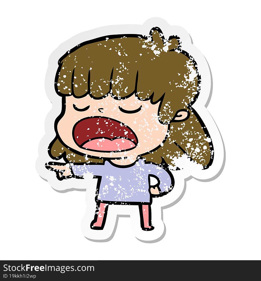 distressed sticker of a cartoon woman talking loudly