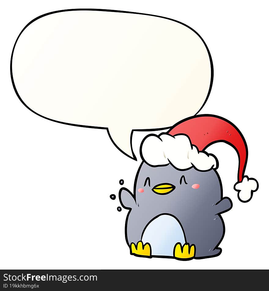 cartoon penguin wearing christmas hat and speech bubble in smooth gradient style