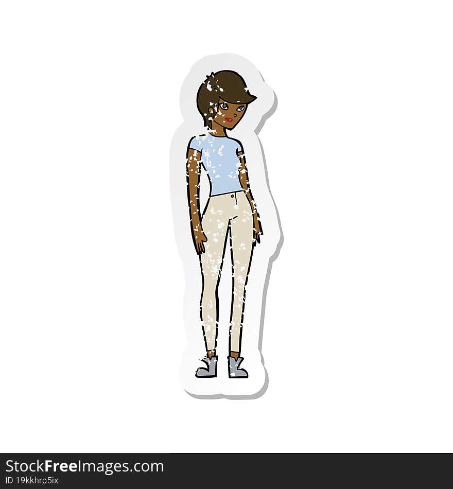 retro distressed sticker of a cartoon modern attractive woman