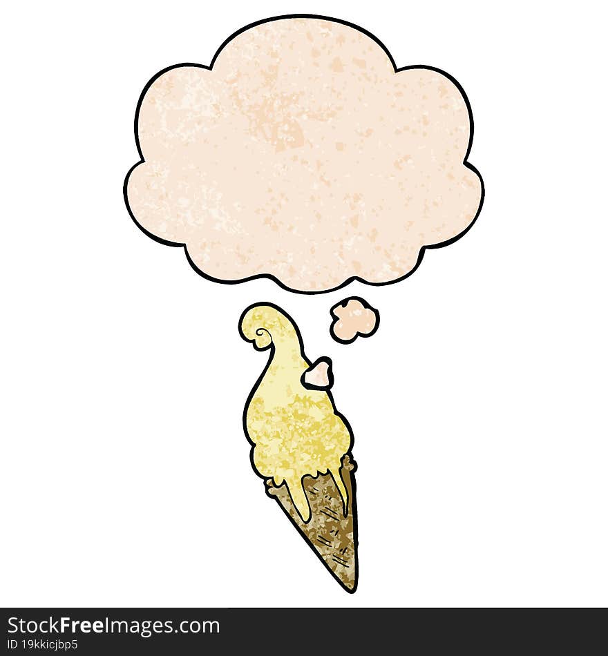 Cartoon Ice Cream And Thought Bubble In Grunge Texture Pattern Style