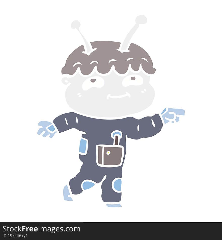 friendly flat color style cartoon spaceman pointing