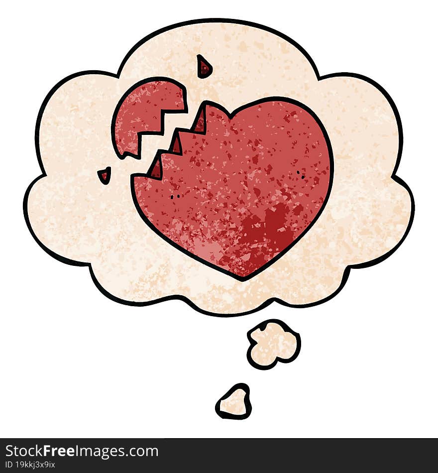 cartoon broken heart with thought bubble in grunge texture style. cartoon broken heart with thought bubble in grunge texture style