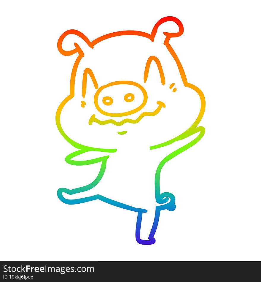 rainbow gradient line drawing of a cartoon drunk pig