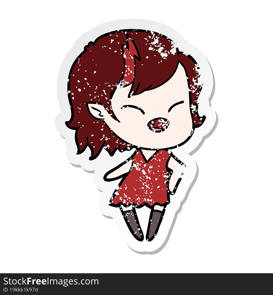 distressed sticker of a cartoon laughing vampire girl