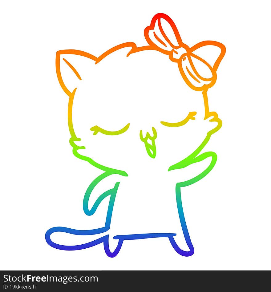 rainbow gradient line drawing of a cartoon cat with bow on head