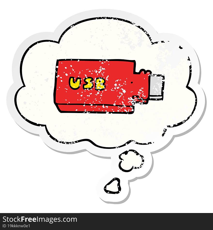 cartoon flash drive with thought bubble as a distressed worn sticker