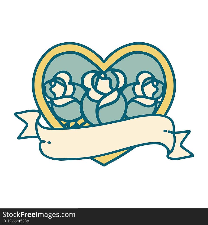 Tattoo Style Icon Of A Heart And Banner With Flowers