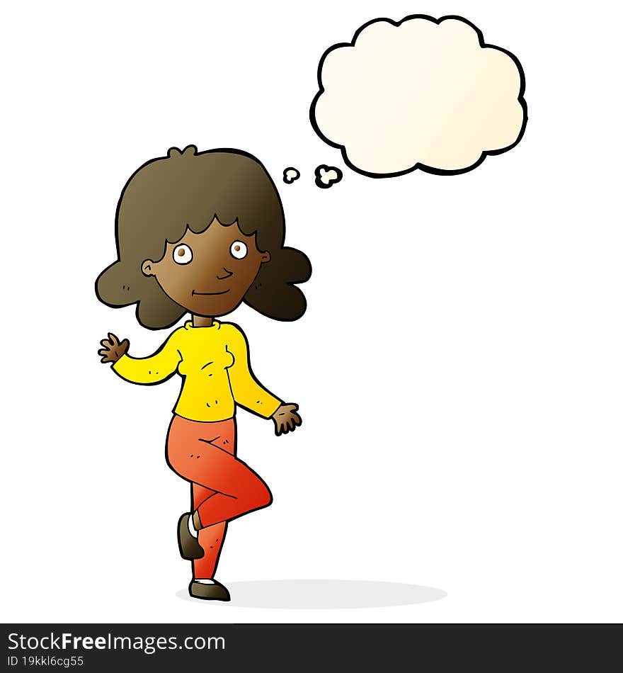 cartoon friendly woman waving with thought bubble