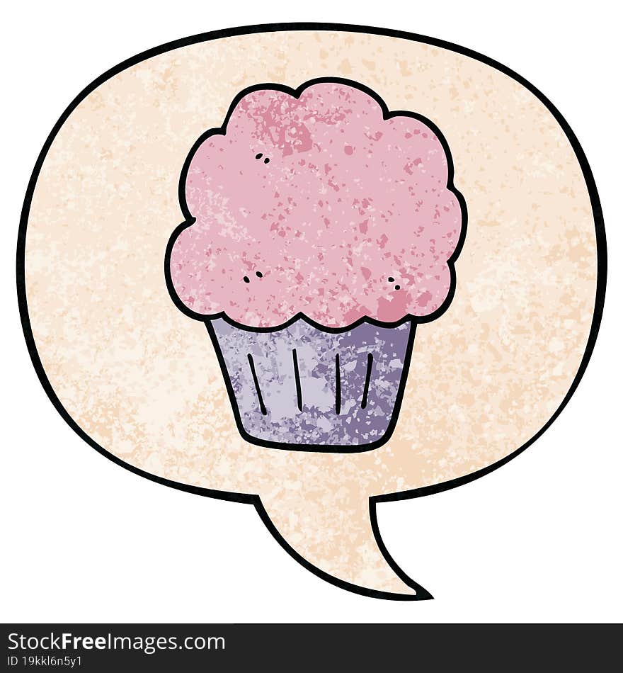 cartoon cupcake and speech bubble in retro texture style