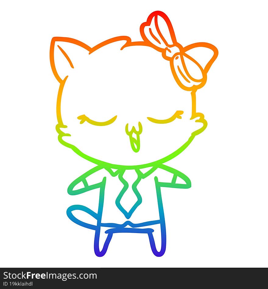 Rainbow Gradient Line Drawing Cartoon Cat With Bow On Head