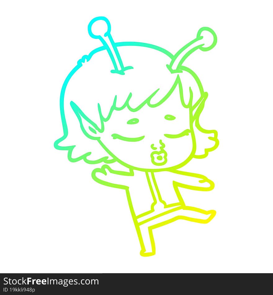 cold gradient line drawing of a cartoon alien girl