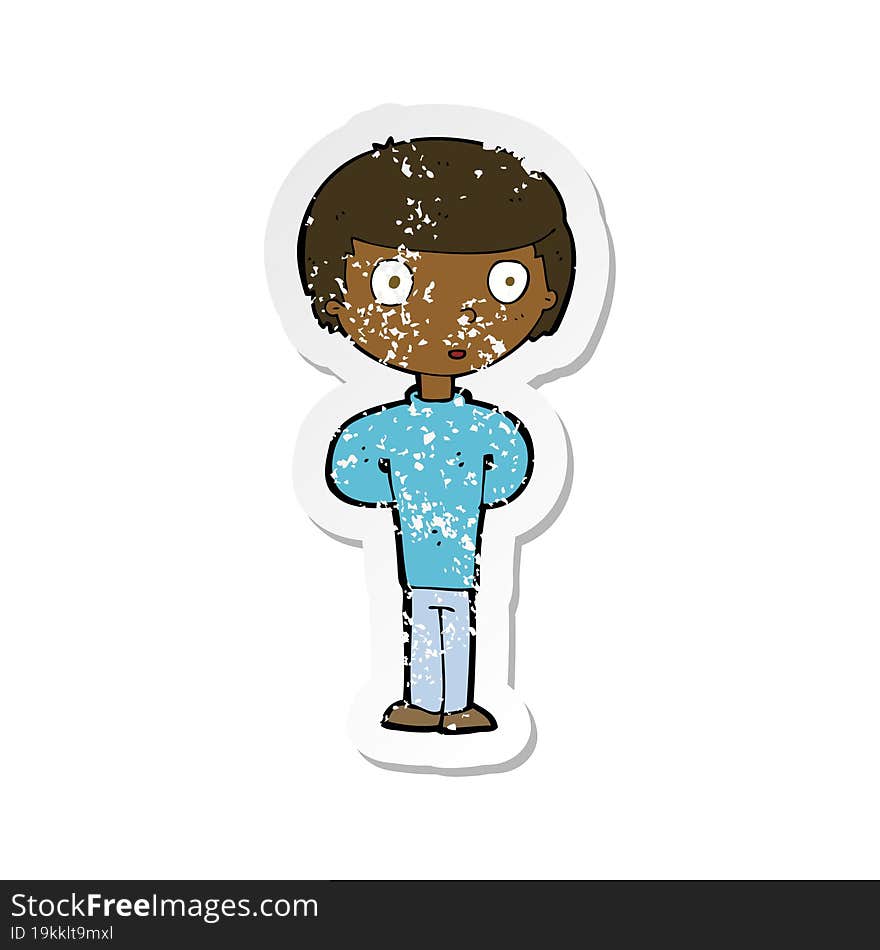 Retro Distressed Sticker Of A Cartoon Curious Boy