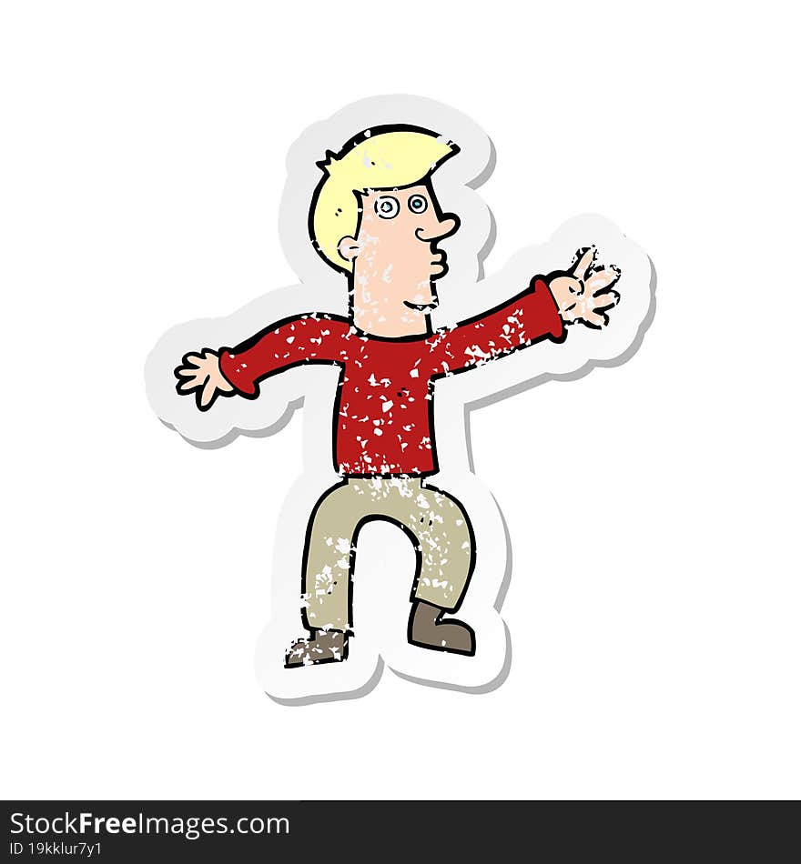 Retro Distressed Sticker Of A Cartoon Reaching Man