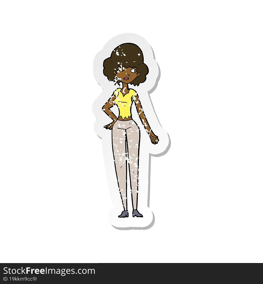 retro distressed sticker of a cartoon pretty woman