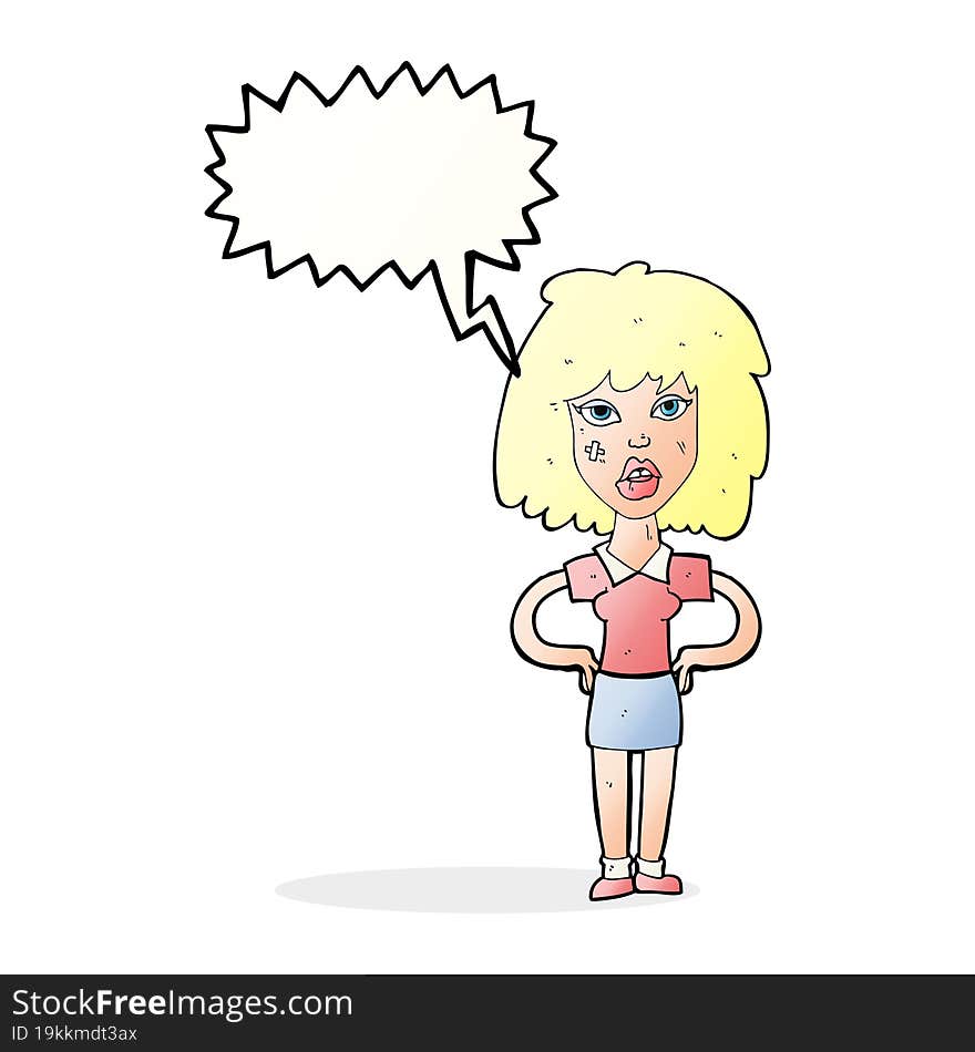 cartoon tough woman with speech bubble