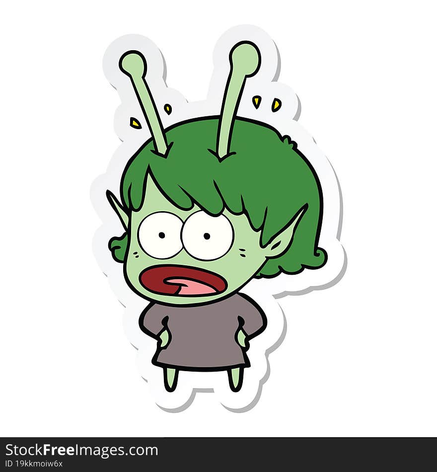 sticker of a cartoon shocked alien girl