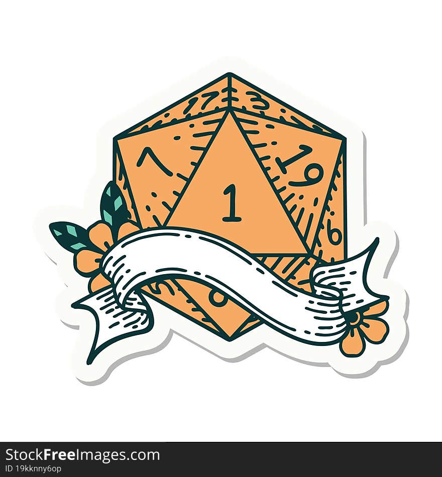 sticker of a natural one d20 dice roll. sticker of a natural one d20 dice roll