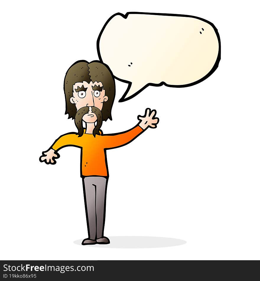 cartoon waving man with mustache with speech bubble