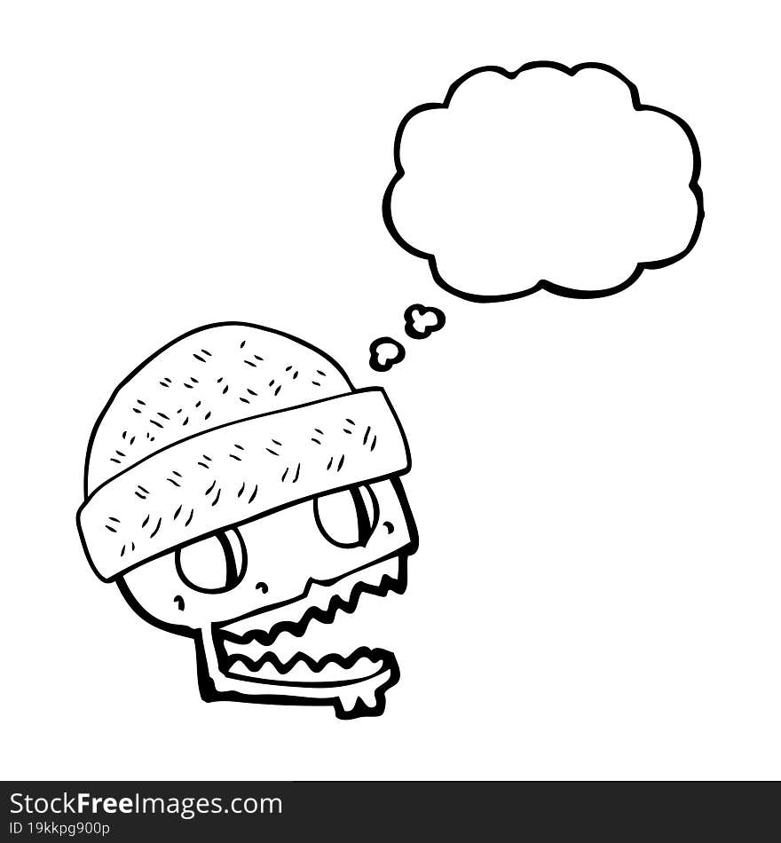 freehand drawn thought bubble cartoon skull wearing hat