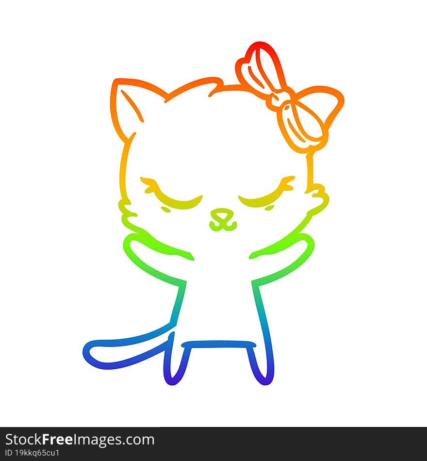 rainbow gradient line drawing of a cute cartoon cat with bow