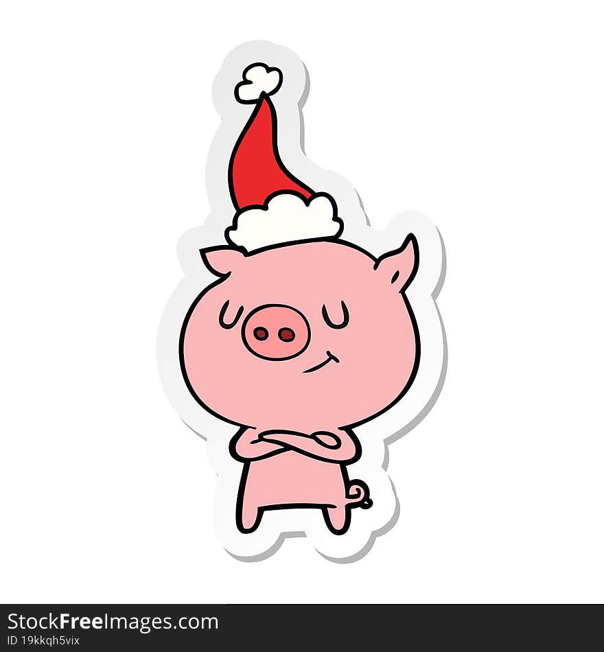 happy sticker cartoon of a pig wearing santa hat