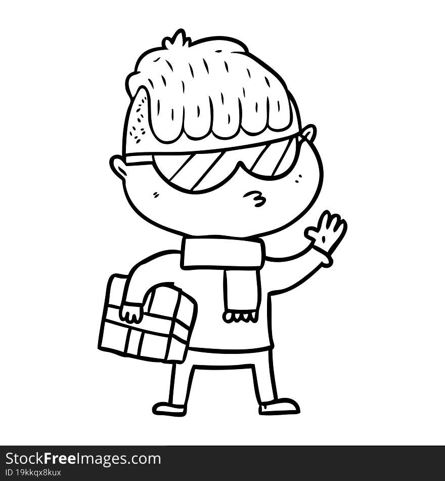 cartoon boy wearing sunglasses carrying xmas gift. cartoon boy wearing sunglasses carrying xmas gift