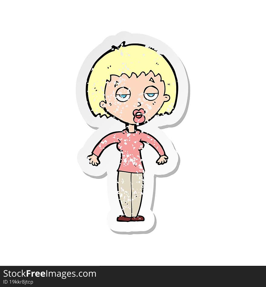 Retro Distressed Sticker Of A Cartoon Woman Shrugging Shoulders