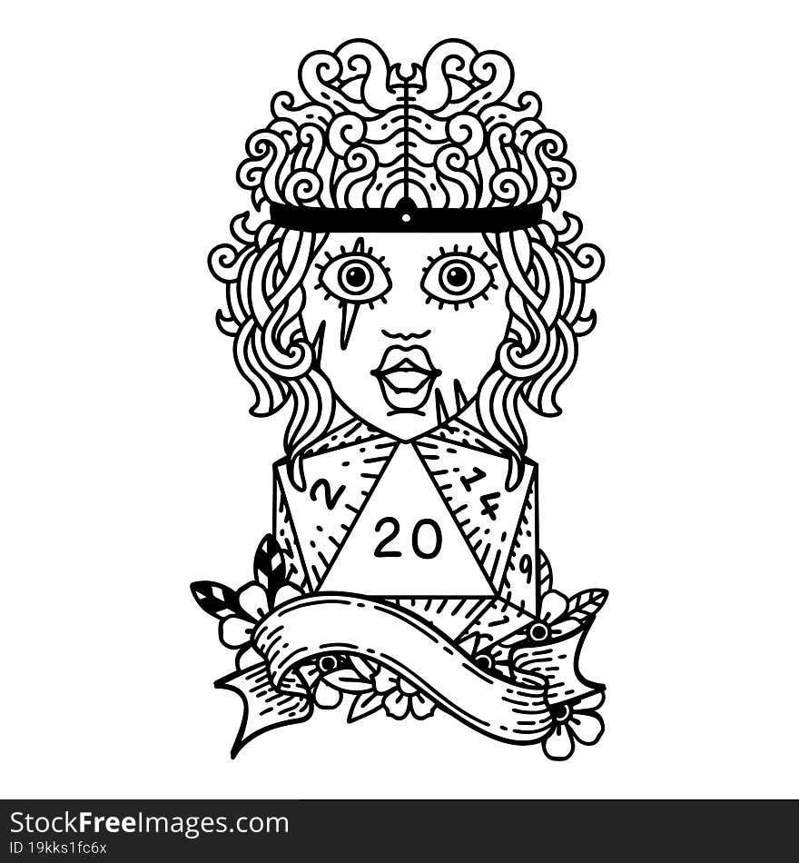 Black and White Tattoo linework Style human barbarian with natural twenty dice roll. Black and White Tattoo linework Style human barbarian with natural twenty dice roll