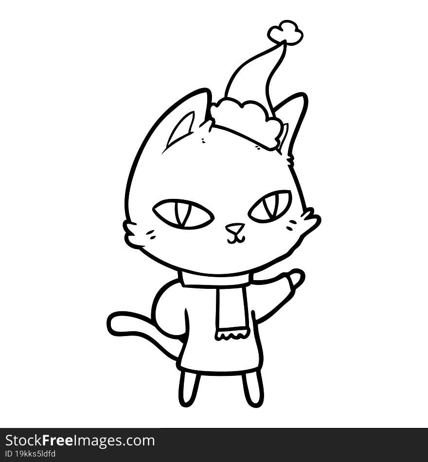 line drawing of a cat staring wearing santa hat