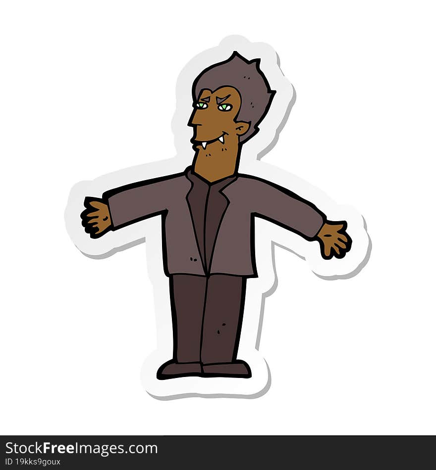 sticker of a cartoon vampire man with open arms