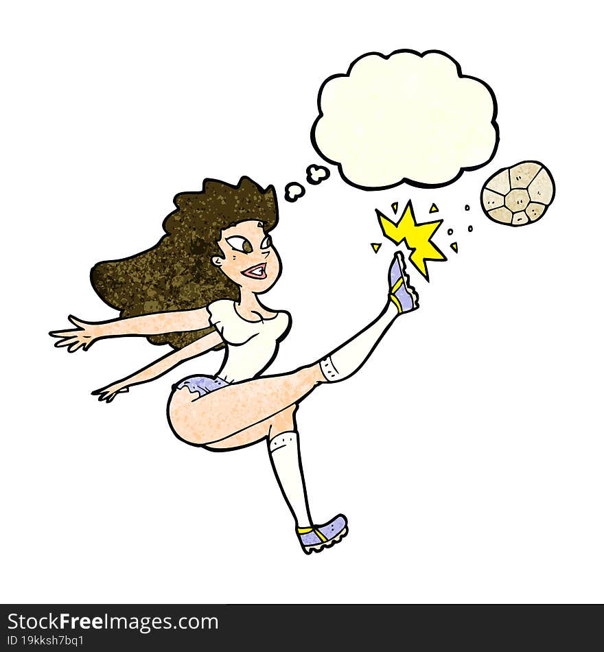 cartoon female soccer player kicking ball with thought bubble