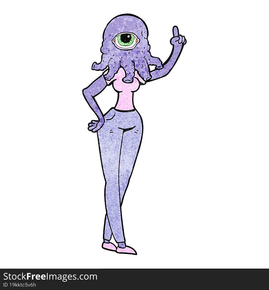 textured cartoon female alien with raised hand